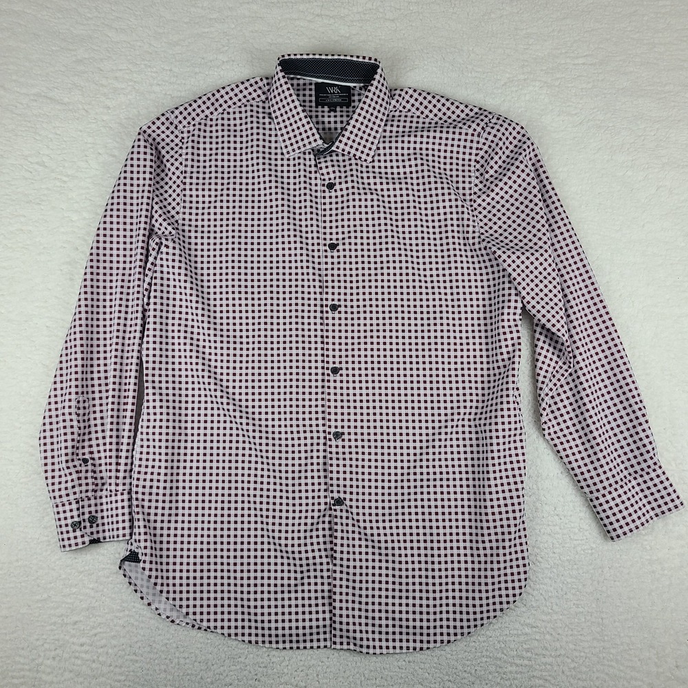 WRK Dress Shirt Mens 17.5 Burgundy Red Check 4 Way Stretch Performance Button Up